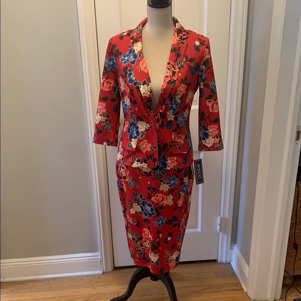 NYC Red and Blue Sheath Dress with Plunge Neckline